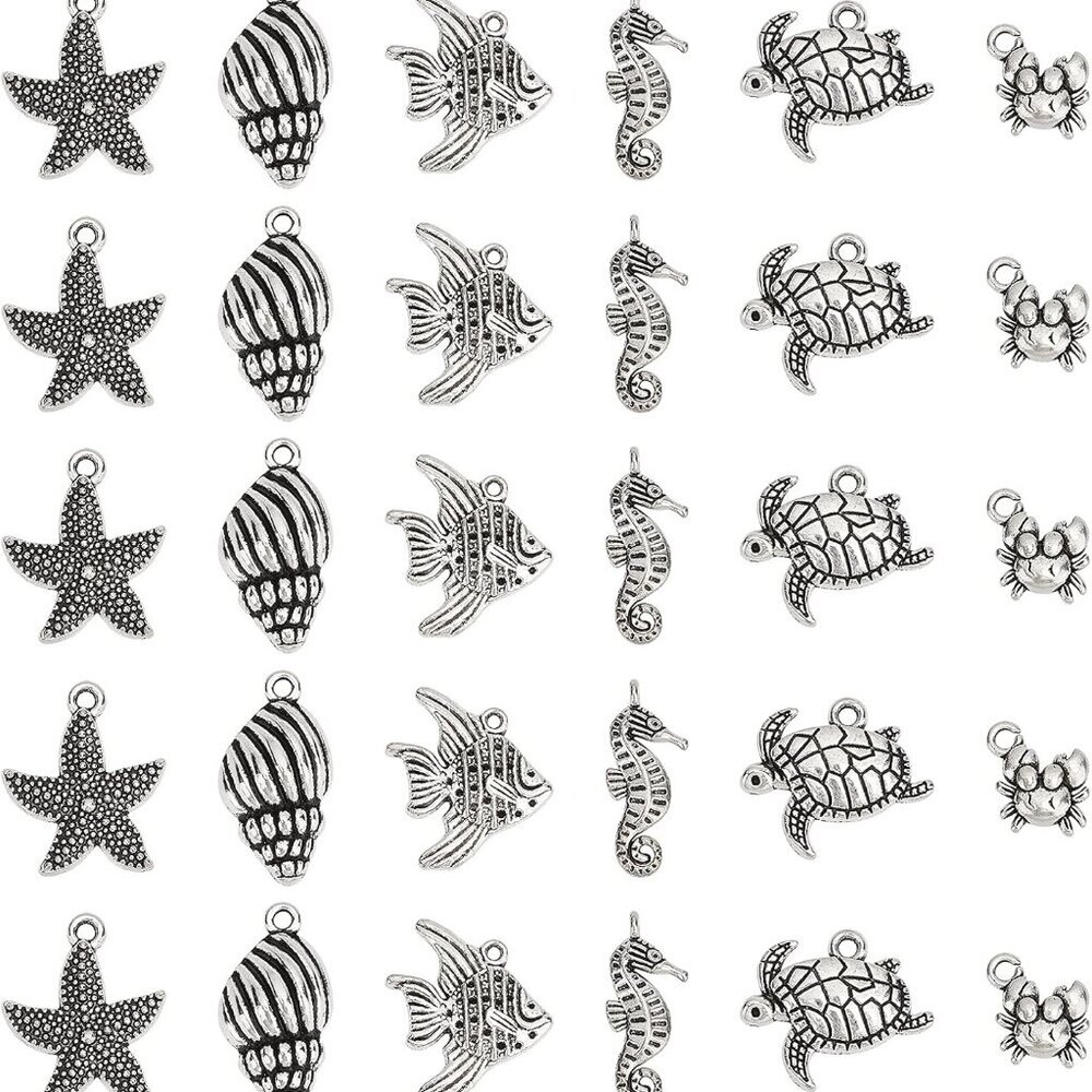 30pcs 6 Styles Ocean Animals Charms Antique Silver Marine Life Pendant Tibetan H